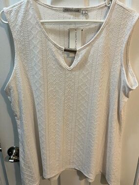 Notations White Sleeveless Knit Tank with V-Notch Silver Accent Size 1X